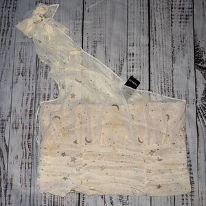 NEW Torrid Chiffon Foil One Shoulder Crop Blouse Size L 12‎ Stars Moon Cream